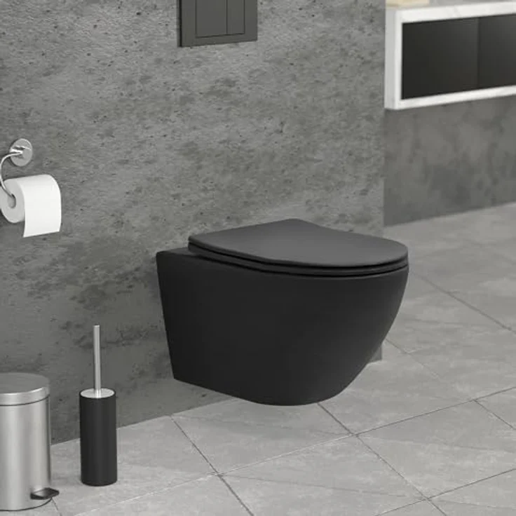 LuxeBath Wand WC Spülrandlos, Schwarz matt, Tiefspüler Keramik Hänge WC lang 53,5 cm, Toilette ohne Spülrand mit Nano Beschichtung, Tornadospülung, Kloschüssel Hängend mit WC-Sitz Absenkautomatik – Bild 1