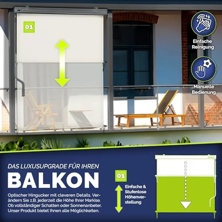 tillvex Senkrechtmarkise 250 x 160 cm aus Aluminium, wasserfest, mit Handkurbel | Balkonrollo Sonnenschutz & Sichtschutz, anthrazit – Bild 2