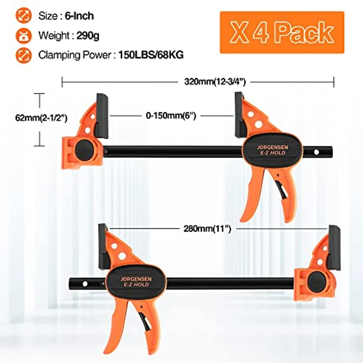 Jorgensen Schraubzwingen Set Profi Einhandzwingen 4 Stück, Spannweite 150mm, Dehnbereich bis zu 290mm Spannkraft 68kg, Maultiefe 62mm, aus Stahl und Nylon für präzises Fixieren – Bild 3