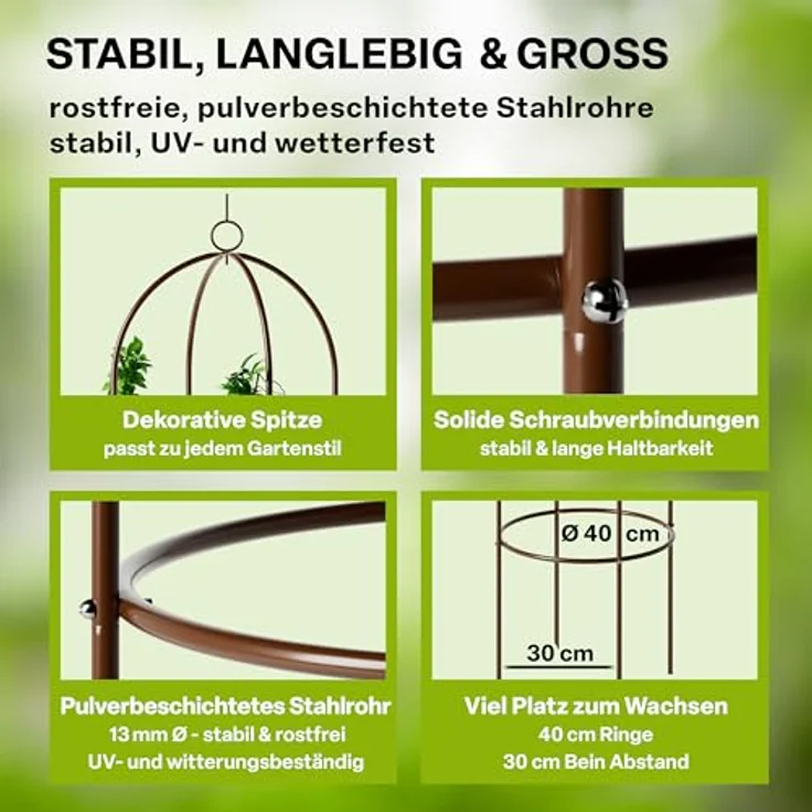 TTL Garden Obelisk Rankhilfe XL 195x40cm braun, 2er Set aus rostfreiem Stahl für Kletterpflanzen wie Rosen und Clematis, variable Höhenverstellung bis 195 cm, pulverbeschichtet, stabil und dekorativ – Bild 3