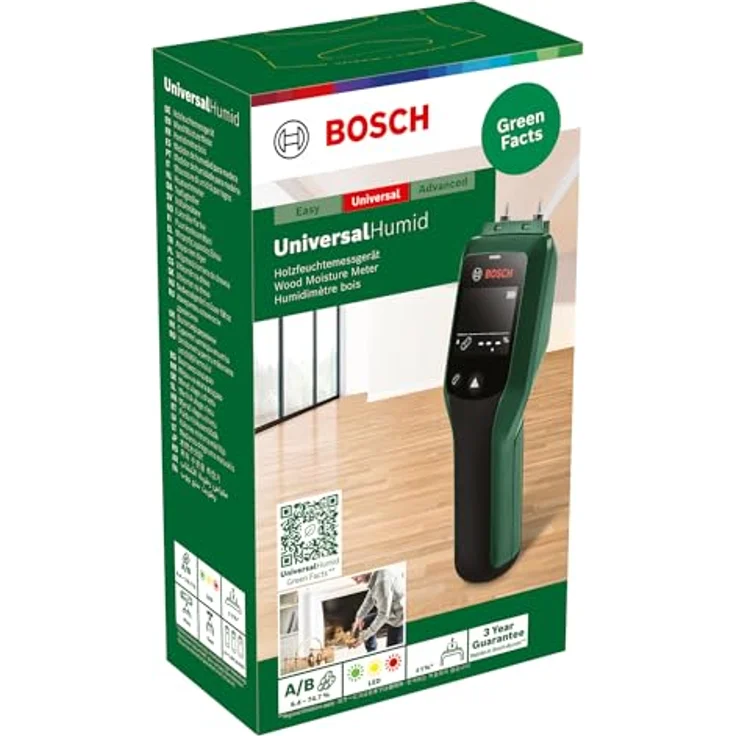 Bosch Home & Garden Feuchtigkeitsmesser Holzfeuchtigkeitsmesser UniversalHumid, LED-Ampel, Selbsttest, nachhaltig, Karton, Armband, 3 x Batterie 1,5V LR03 (AAA) – Bild 2