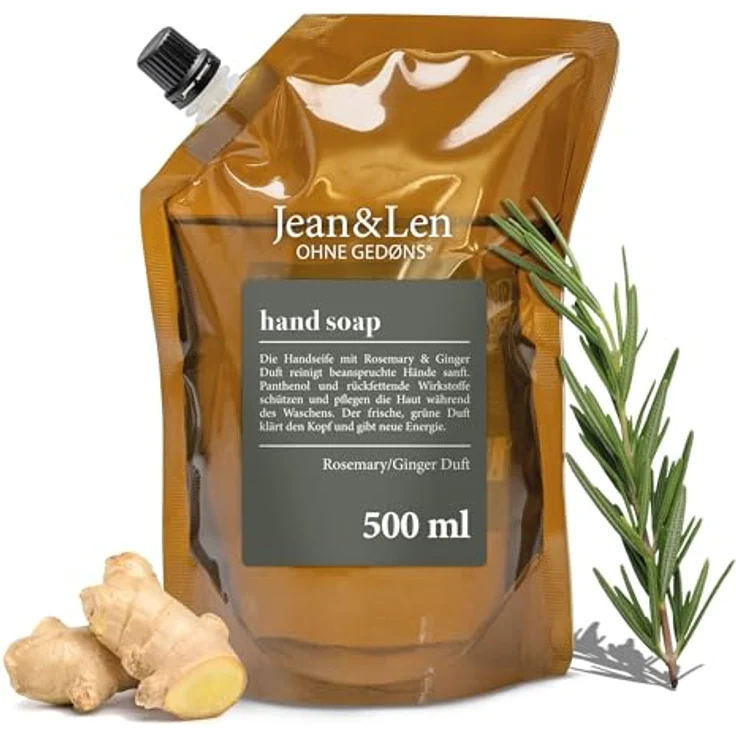 Jean & Len Handseife Rosemary & Ginger, 500 ml Flüssigseife im Nachfüllpack, ohne Parabene, Silikone & Mikroplastik, für beanspruchte Hände – Bild 1