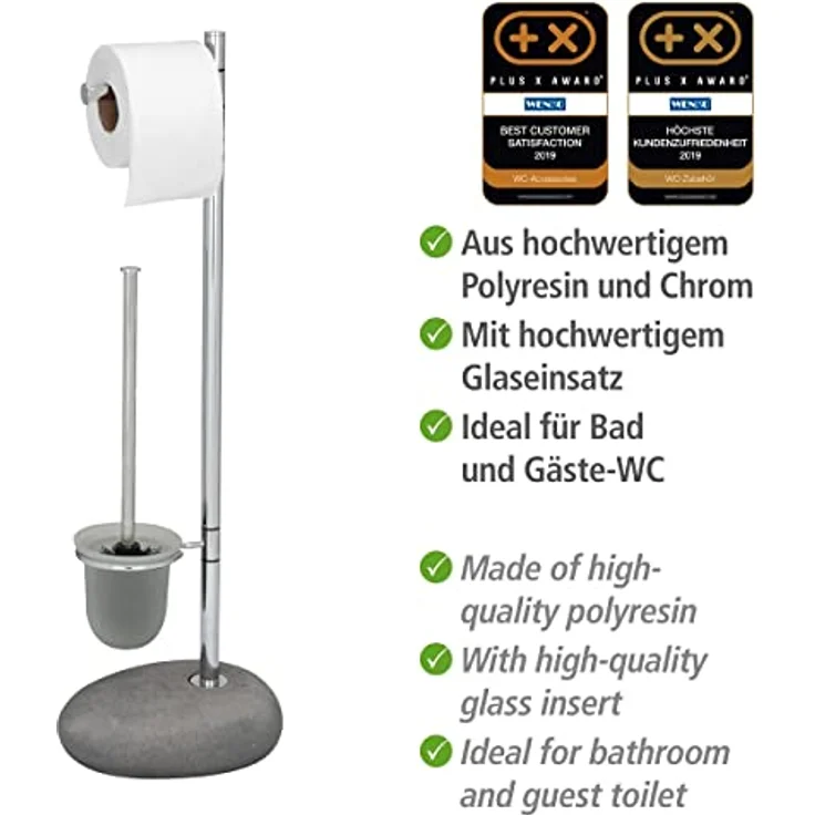 WENKO Offene WC-Garnitur Pebble Stone mit integriertem Toilettenpapierhalter, natürliche Steinoptik, inkl. WC-Bürste mit auswechselbarem Bürstenkopf, hochwertiger Kunststein, 23,5 x 70 x 19 cm, Grau – Bild 3