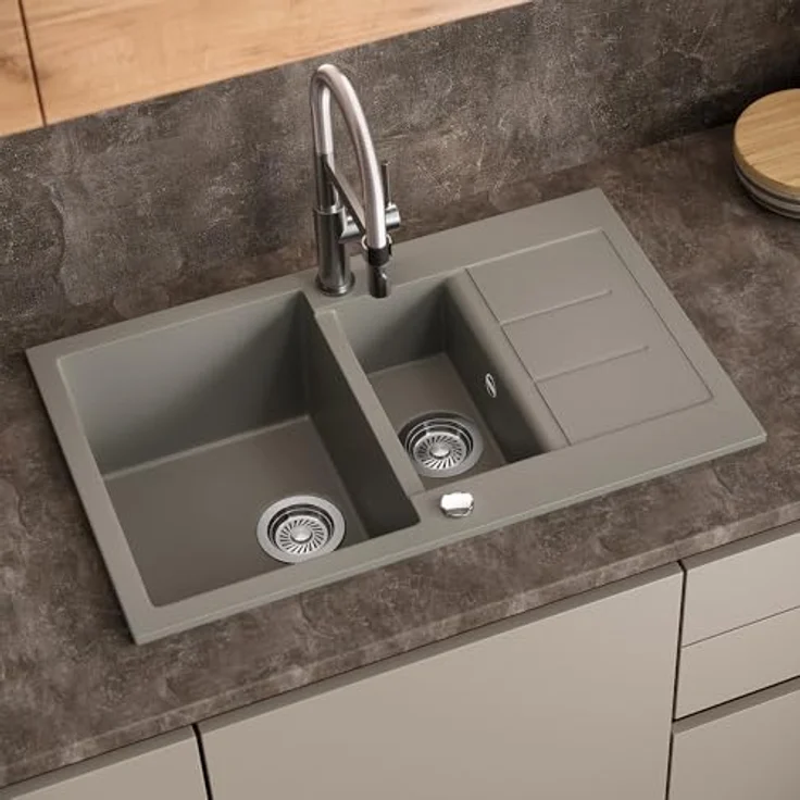Bergström Spülbecken "Seattle", Doppelbecken mit Abtropffläche, 80 x 50 cm aus Beton, pflegeleicht und robust – Bild 4