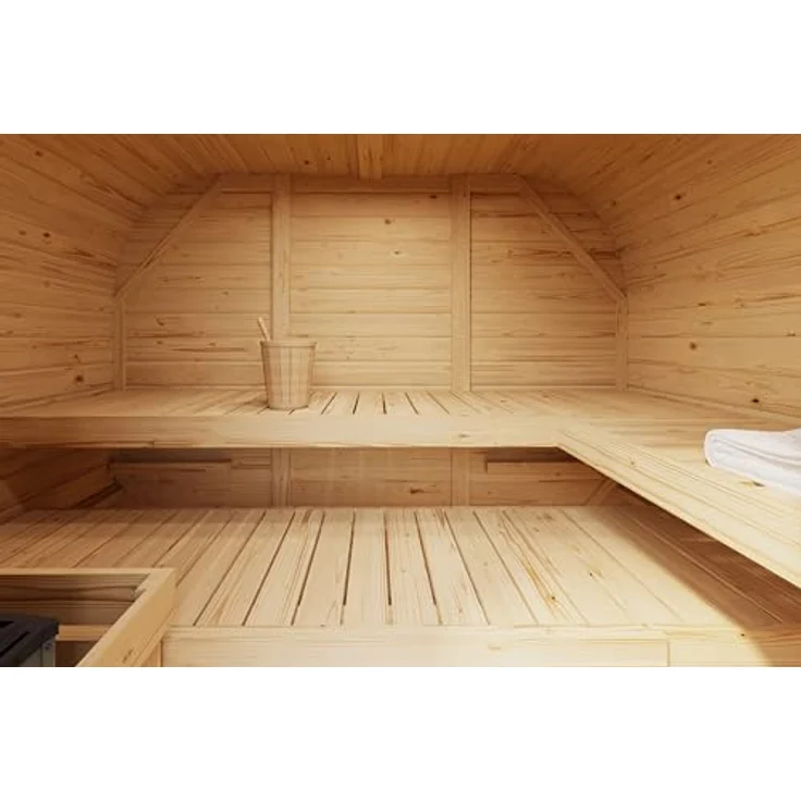 Karibu Würfelsaunahaus Louisa Plus, Innensauna mit 9 kW Saunaofen, naturbelassen, 3 Bänke, Steck-Schraub-System – Bild 4