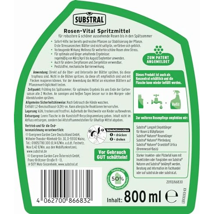 Substral ROSEN-VITAL Spritzmittel, 800ml, Sofort-Hilfe bei Stresssymptomen, Grün – Bild 2