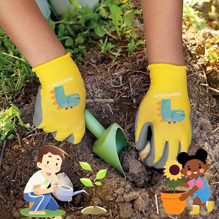 ZWERKZEUG 3 Paar Kinder Arbeitshandschuhe, natürliche Latexschicht und dehnbare Gewebe, Gummibeschichtung, mehrfarbig, für Kinder von 2-12 Jahren – Bild 4