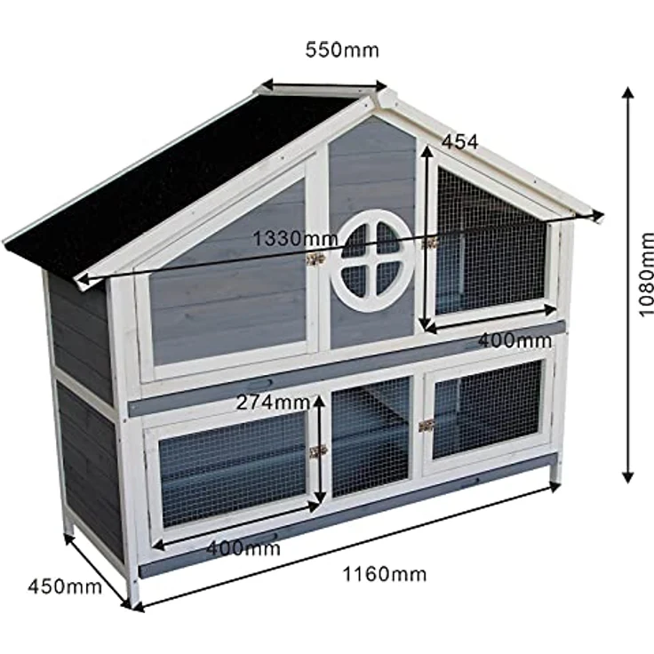 Wiltec Kaninchenstall graublau weiß 1160 x 450 x 1080 mm, Hasenvilla mit 4 Türen, witterungsbeständig und leicht zu reinigen – Bild 4