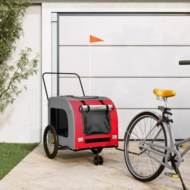 vidaXL Hunde-Transportbox Fahrradanhänger Hunde in Rot und Grau aus Oxford-Gewebe und Eisen – Bild 2