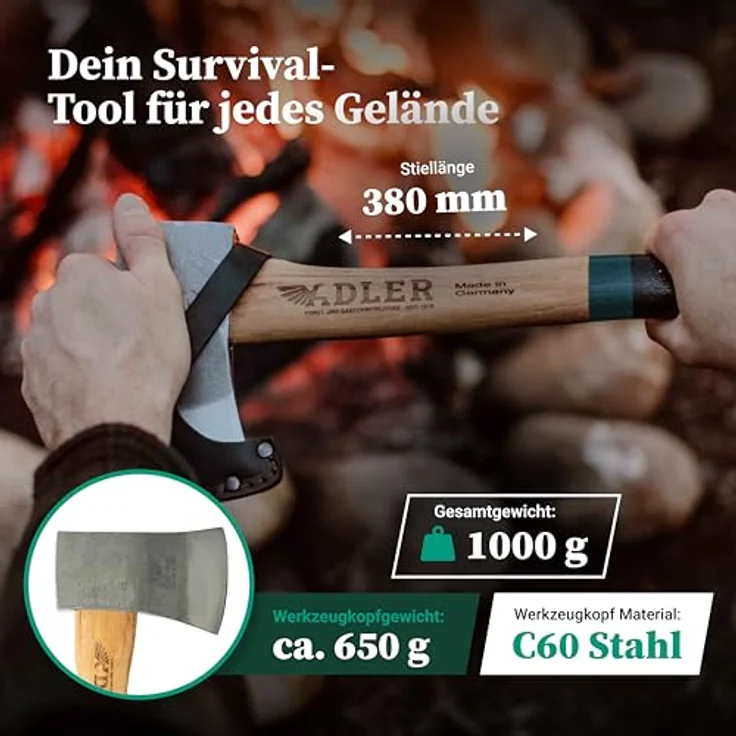 Adler Yankeebeil inkl. Lederschutz: Geschmiedetes Holzbeil aus C60-Stahl, Anti-Rutsch Griff, Survival Axt für Camping & Wandern, Braun/schwarz, 650 g – Bild 2