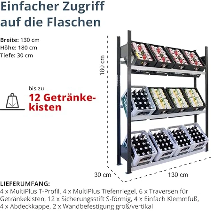 SCHULTE Regalwelt Getränkekistenregal für bis zu 12 Kisten, 180x130x30 cm (HxBxT), Traglast pro Ebene 60 kg, schwarz-silber, Getränkeregal, Bierkistenregal, Flaschenkastenständer, Wasserkistenregal – Bild 3