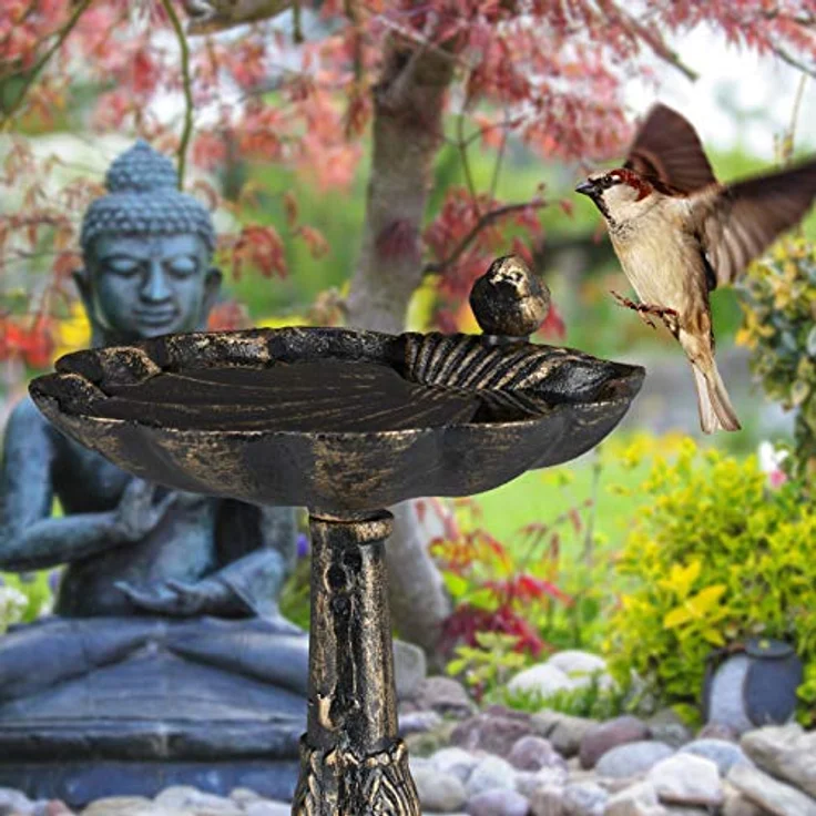 Relaxdays Vogeltränke Gusseisen, Gartendeko antikes Design, Vogelfutterstelle stehend, Wasserschale f. Wildvögel, bronze, 24.5 x 22 x 18 cm – Bild 3