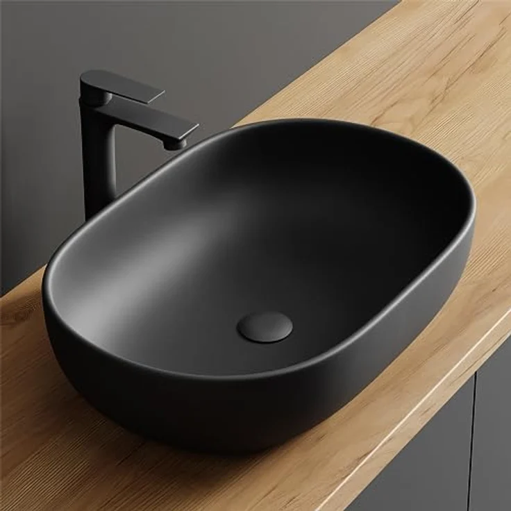 Planetmöbel Aquil Deluxe Waschbecken Oval | Aufsatzwaschbecken für Badezimmer und Gäste-WC | Handwaschbecken ohne Hahnloch und Überlauf | Schwarz matt, 60 x 40 x15 cm – Bild 1