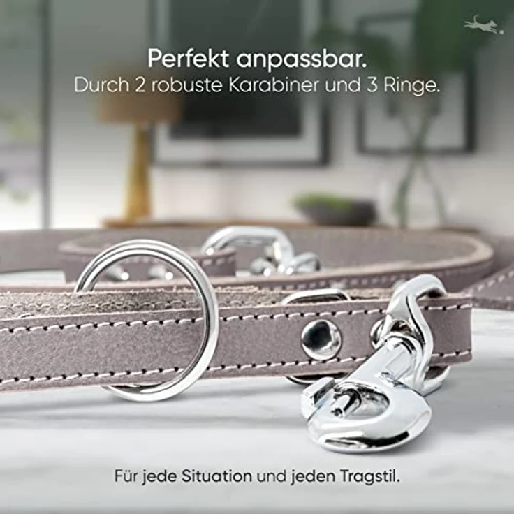 FREUDENTIER® Hundeleine aus zertifiziertem Leder 2m, 3-Fach verstellbare Führleine, liebevoll in Holland produziert, hochwertig und stilvoll, Amstelpark Kollektion (Graubraun, 16mm breit) – Bild 3