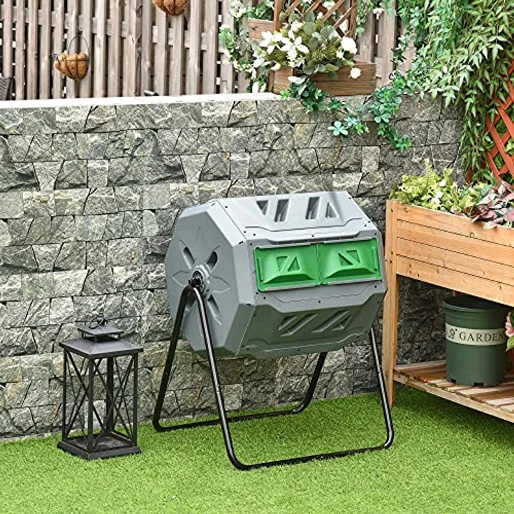 Outsunny Trommel-Komposter, 160L Gartenkomposter mit 2 Kammern, Drehbarer Schnellkomposter, für Bio- und Garten-Abfälle, Grau – Bild 2