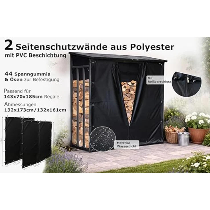 QUICK STAR Wetterschutz Set Front- & Rückwand für Kaminholzregal, 143 x 185 cm, wetterfestes Polyester, Schwarz, inklusive Spanngummis – Bild 2