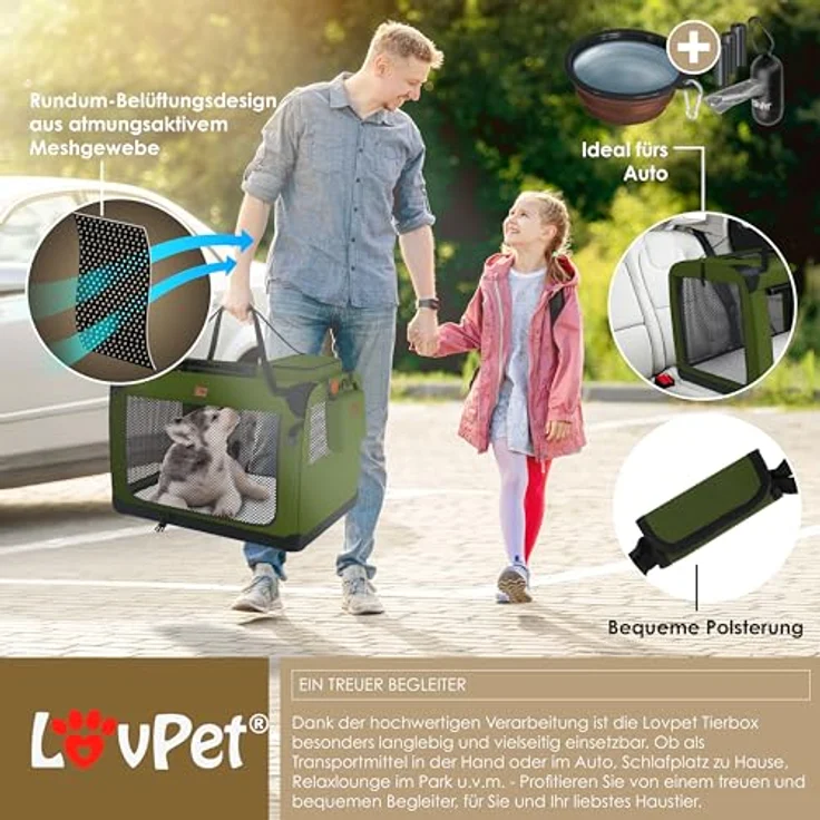 Lovpet® Transportbox Hund Katze Transporttasche XXL 91,4x63,5x63,5cm Faltbar | Inkl. Hundenapf & Schultergurt | Khaki – Bild 5
