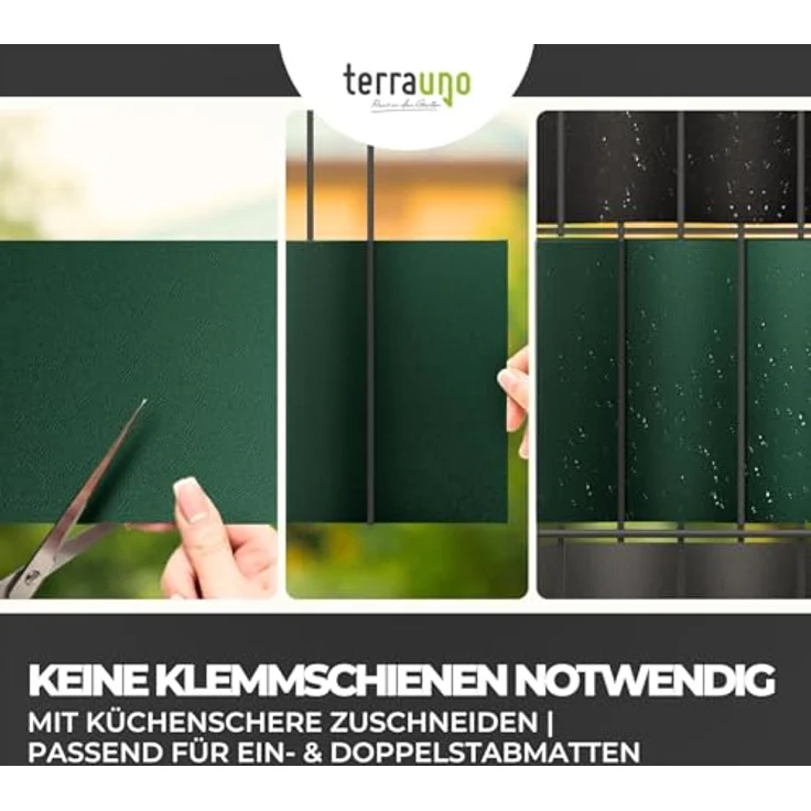 TerraUno Sichtschutzstreifen für Doppelstabmatten, RAL 6005 Moosgrün, 10 Stück, UV-beständig und extra stabil, Lederoptik, 252x19 cm – Bild 5