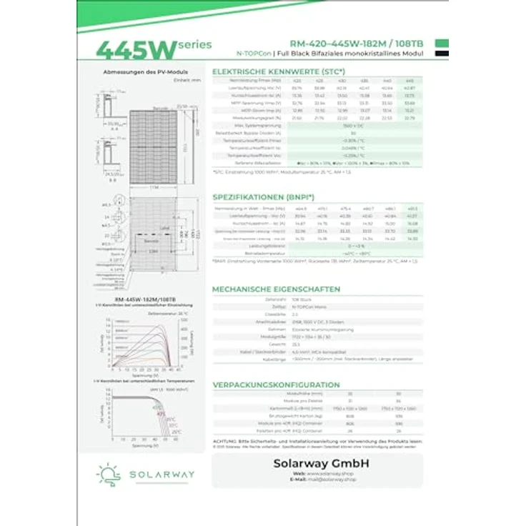 Solarway 445W Solarpanel Full Black, Bifazial Glas/Glas PV Panel mit n-Type Technologie, 0-5 W positive Leistungstoleranz, hohe Schwachlicht-Performance, 21,8% Wirkungsgrad, 25 Jahre Garantie – Bild 3