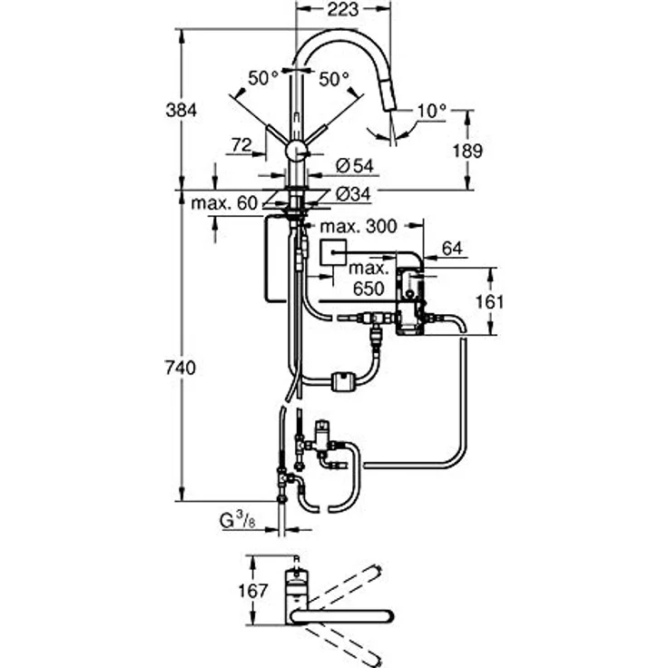 Grohe Minta Touch, Küchenarmatur mit C-Auslauf, Dualbrause, Laminarstrahl, Hochdruck, 360° schwenkbar – Bild 3