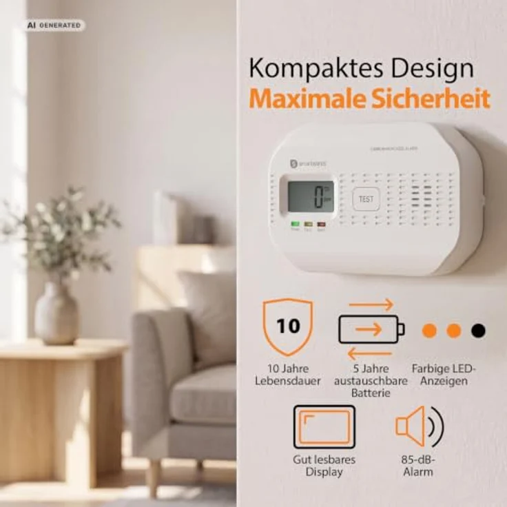 Smartwares CO-Melder FGA-03011, 10-Jahres-Sensor mit 5-Jahres-Batterien und 85-dB-Sirene – Bild 4