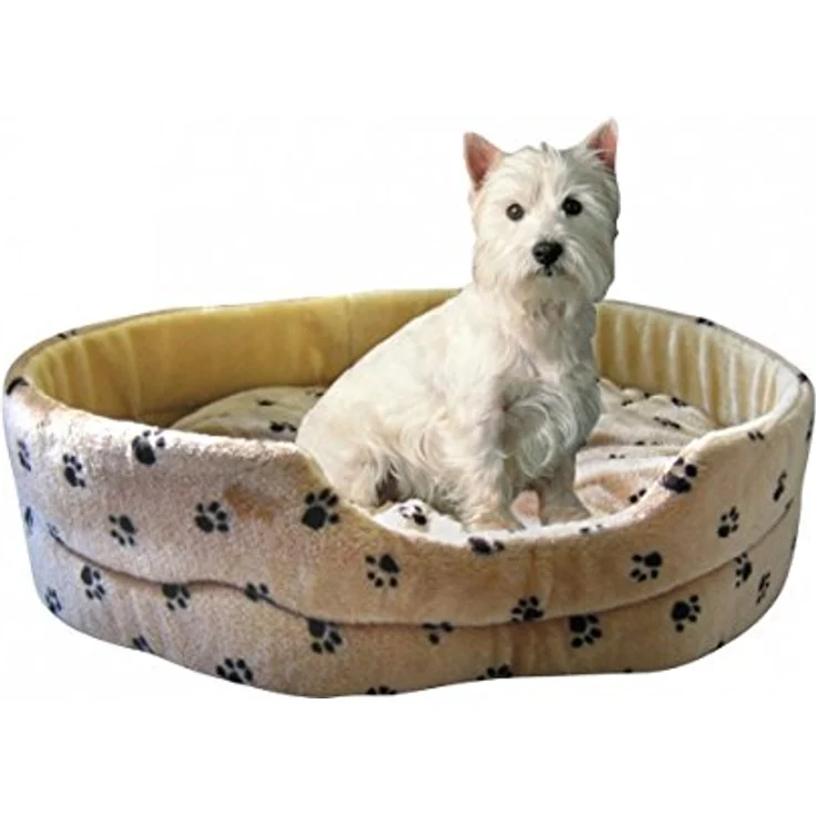 Silvio Design Hundeliege, Hunde-Schlafkissen, Hundekorb, Hundebett Silvio, Pfotendessin, Größe L, Plüsch beige/braun, ca. 62 x 70 x 20 cm – Bild 1