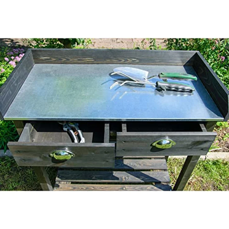 dobar 29031e Praktischer Pflanztisch mit 2 Schubladen und Ablagefläche, 79 x 39 x 90 cm, Fichte, Schwarz – Bild 8