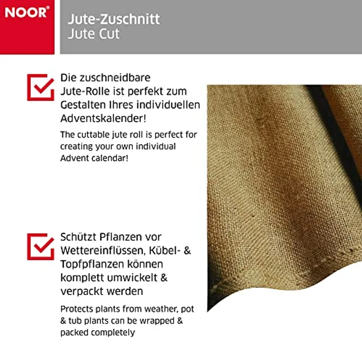 NOOR Jute-Zuschnitt Schwer 0,9 x 5 m I Premium Juterolle zum Adventskalender selber basteln, als Deko-Material oder als Frostschutz für Pflanzen I Jute-Winterschutz für Topf- und Kübelpflanzen I Natur – Bild 3