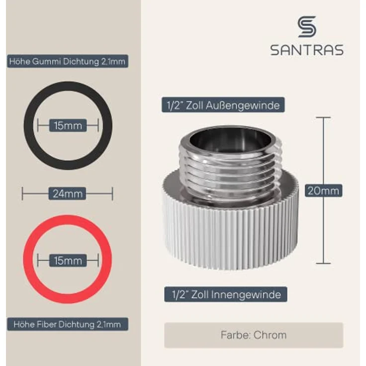 SANTRAS® Reduzierstück inkl. Wasserspar Set 3/4 Zoll Innengewinde auf 1/2 Zoll Außengewinde in Chrom – Verchromter Adapter zur Reduzierung auf 1/2 Zoll für Brauseschläuche aus hochwertigem Messing – Bild 3