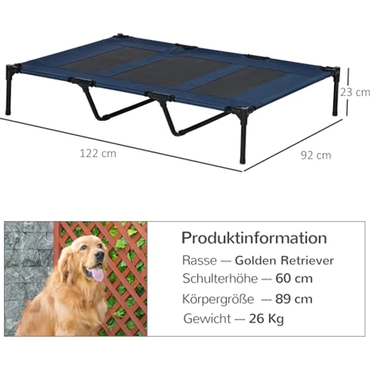 PawHut Hundebett Outdoor Hundeliege Outdoor Katzenbett Haustierbett Schlafplatz Metall Oxford-Gewebe Dunkelblau 122 x 92 x 23 cm – Bild 3