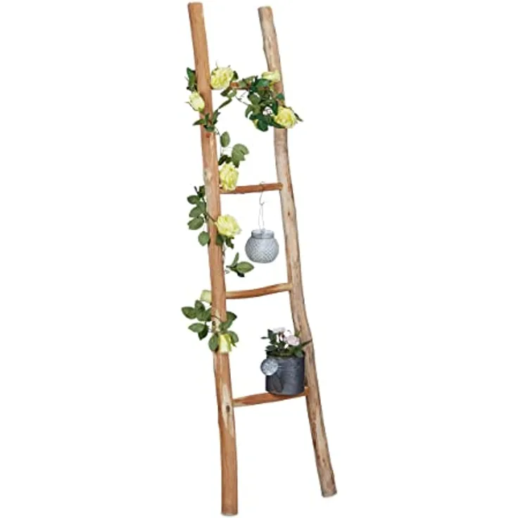 Relaxdays Dekoleiter, 150 cm hohe Holzleiter aus Kastanienholz, 4 Sprossen, handgefertigt, belastbar bis 70 kg, für Garten und Haushalt