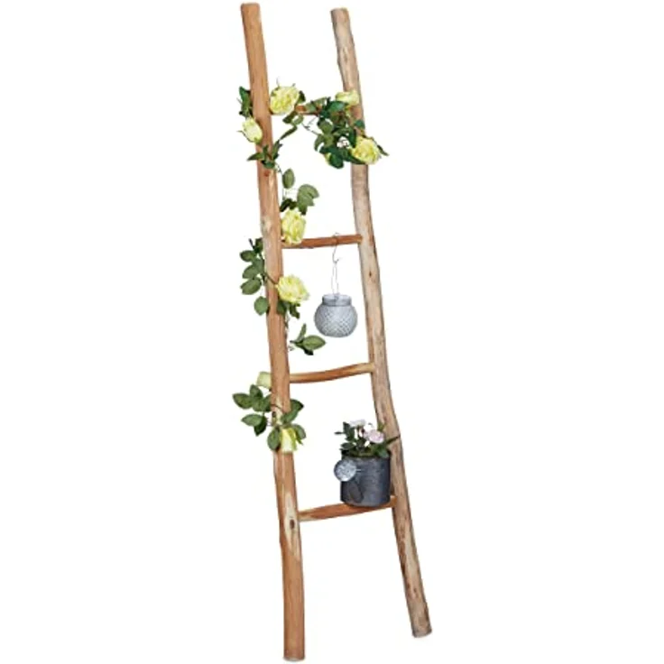 Relaxdays Dekoleiter, 150 cm hohe Holzleiter aus Kastanienholz, 4 Sprossen, handgefertigt, belastbar bis 70 kg, für Garten und Haushalt – Bild 1