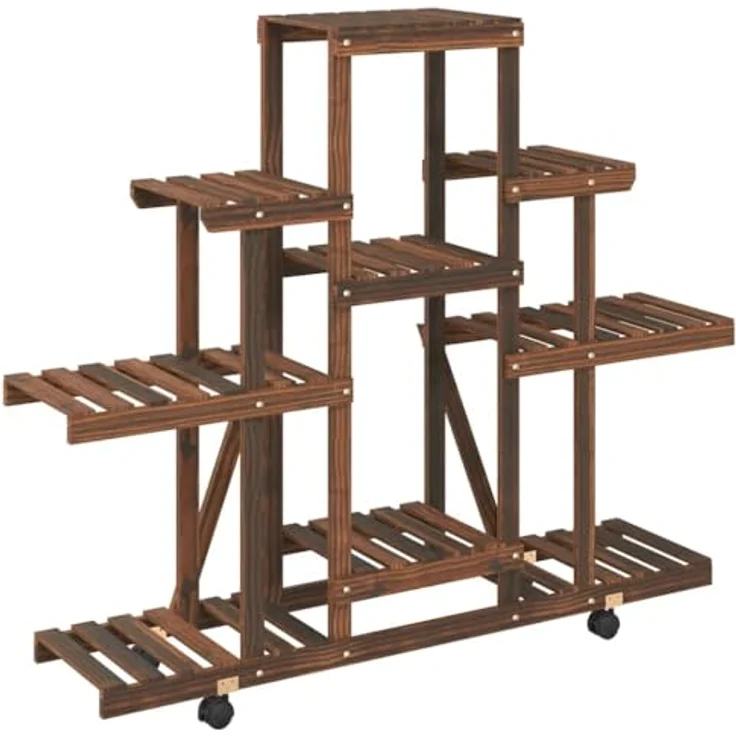 vidaXL Blumenständer, Pflanzständer mit Rollen 110x25x101 cm Massivholz Tanne, Karbonisiertes Braun, 360 Grad drehbare Rollen – Bild 6
