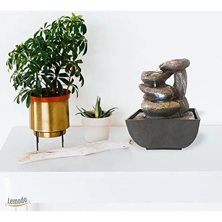 Lemodo Zimmerbrunnen Tischbrunnen Steine, Wasserspiel mit Beleuchtung und Pumpe, 13,30 cm Breite, Braun- und Grau-Töne – Bild 5