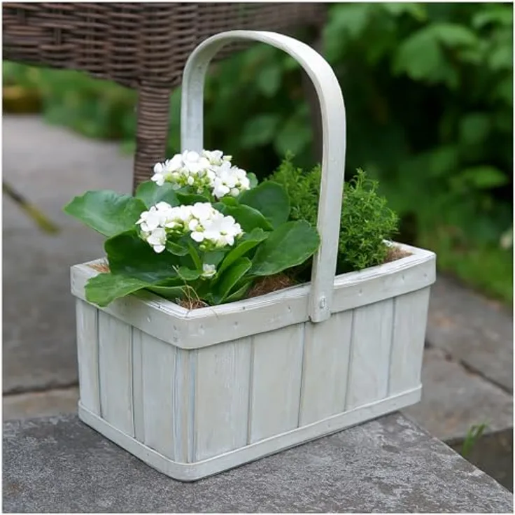 HTI-Living Pflanzkübel Pflanzkorb Weiß mit Henkel, dekorativem Vintage-Look und Kunststoff-Auskleidung, 25,5 x 16 x 28 cm