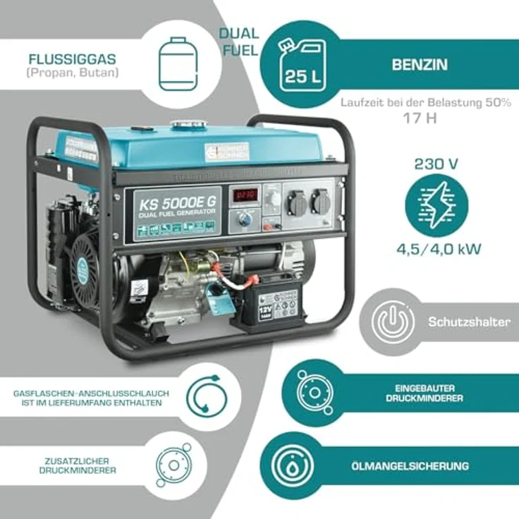 Könner & Söhnen KS 5000E G, 4500 W Gas- und Benzin-Generator mit Elektro- und Handstart, inkl. 2 Druckminderern, 25 L Tank, lange Laufzeit 17 Std. – Bild 2