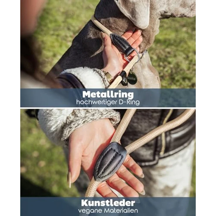 lionto Retrieverleine, wetterfest und robust, 120 cm, schnell anzulegende Leine und Halsband in Einem, vegan, beige mit Zugstopp – Bild 4