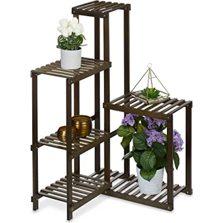 Relaxdays Pflanzenregal Bambus, 6 Ablagen, Pflanzen Eckregal für innen, HBT: 101x62x62 cm, Blumenregal Wohnzimmer, braun