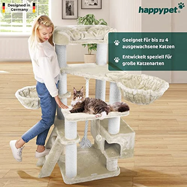 HAPPYPET Kratzbaum Grosse Katzen stabil 'Jacob' - 156 cm hoch, Kletterbaum  XXL, 47 kg Premium Qualitt, 12 cm Dicke Stmme, Liegemulde & Hhle,  geprftes Holz, schwere Katzen Maine Coon, Creme: Tests, Infos &  Preisvergleich