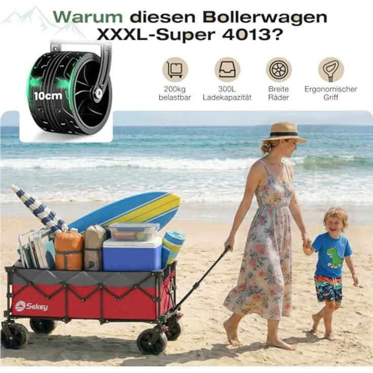 Sekey XXXL Bollerwagen Faltbar, 300L Fassungsvermögen, 200KG belastbar, 17x10 cm All-Terrain-Räder, patentierter 4-Wege-Sofortaufbau, Rot mit Grau – Bild 2