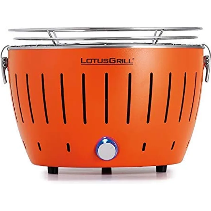 LotusGrill S Small Kompakt Mandarinenorange der raucharme Holzkohle-/Tischgrill Stromversorgung via USB-Anschluß oder Powerbank. Für Camper, Wanderer und auf dem Boot geeignet