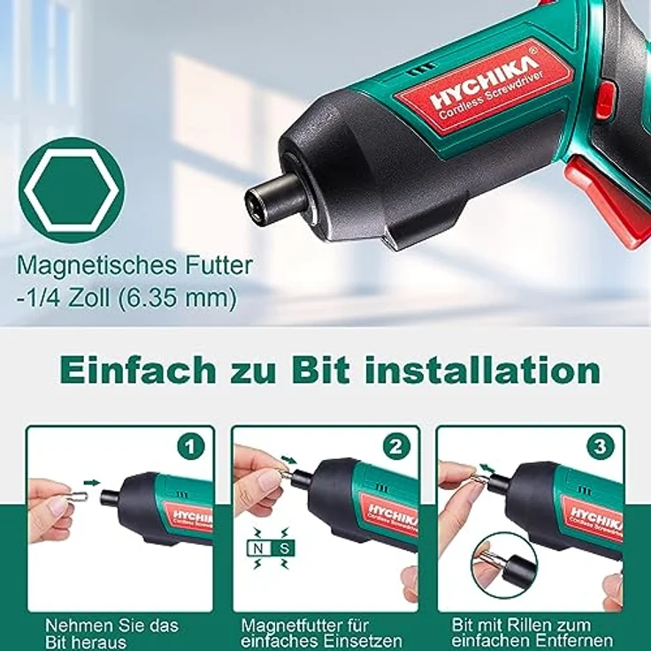 HYCHIKA Akkuschrauber, Cordless Screwdriver 3,6V mit 6Nm Drehmoment, 2000mAh Akku, 20 Zubehörteilen, LED Licht und Magnetfutter – Bild 3