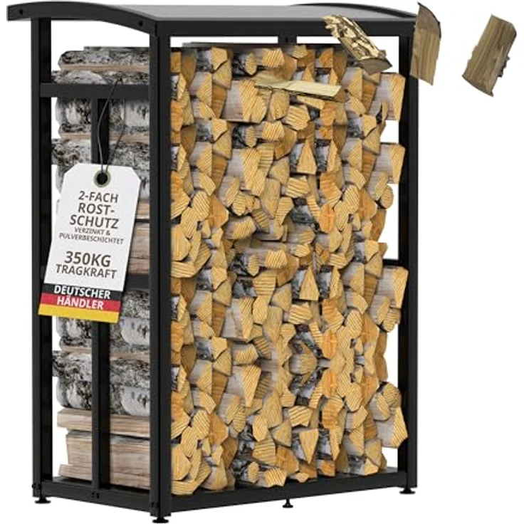 LAWA Kaminholzregal außen klein, verzinkt mit Dach und Stellfüßen, platzsparendes Design für Terrasse und Balkon, Metall schwarz, 91×56×117cm – Bild 1