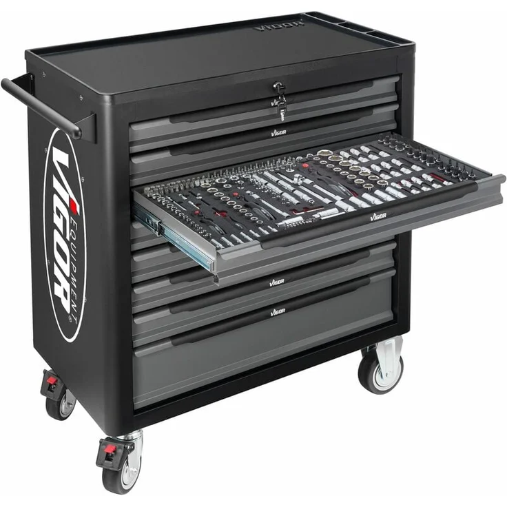 Vigor Werkstattwagen Series XL, Kunststoff-Arbeitsplatte, 8 Schubladen, schwarz, leer