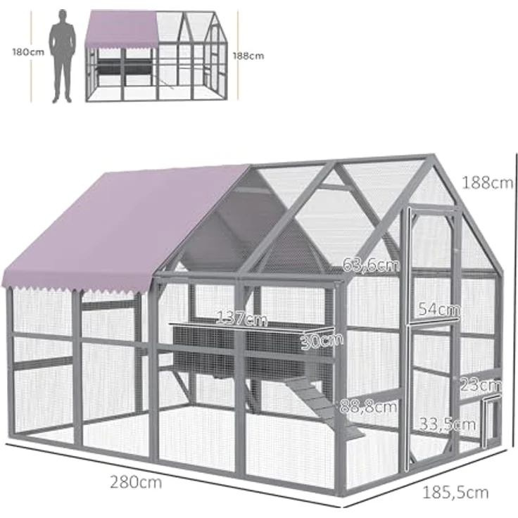 PawHut Hühnerstall Freilaufgehege aus Holz, 280 x 185,5 x 188 cm, mit Tür, Nistkasten, Dach und Rampe, für 8-12 Hühner, grau – Bild 7