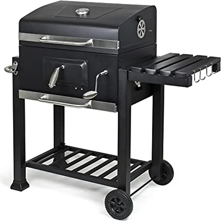 Wiltec BBQ Holzkohle Grillwagen mit Deckel, Ablage und Feuerklappe, Höhenregulierung für Kohle, Thermometer, Schwarz – Bild 3