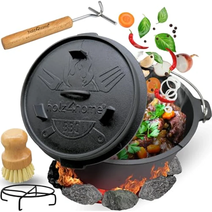 holz4home® Dutch Oven Gusseisen I 9L Feuertopf mit Zubehör I Deckelheber Reinigungsbürste Untersetzer Schmortopf zum Camping – Bild 1