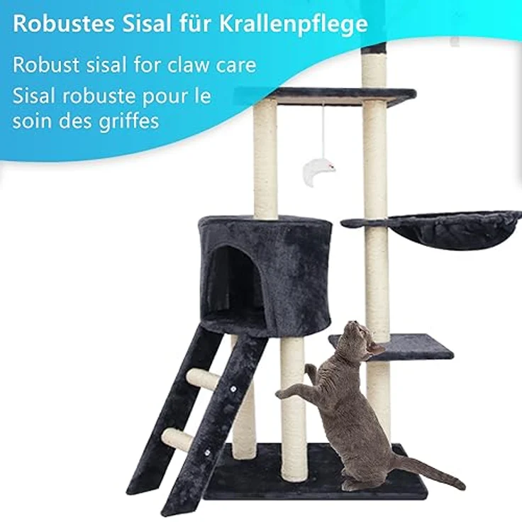 Katzen Kratzbaum Simba 142 cm groß Dunkelgrau - Deluxe Katzenbaum mit Katzenhöhle, Katzenspielzeug, Plattform, Sisal Kratz Säule und Hängematte - Stabiles und Robustes Katzenhaus – Bild 5