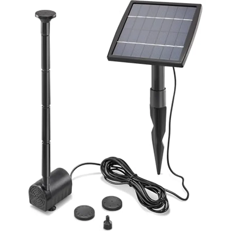 Esotec Teichpumpe Wasserspiel Solar-Springbrunnen Kit 1,5/140 pro, Komplettset mit 4 Fontänenaufsätzen und 1,5W Solarmodul, max. Spritzhöhe 0,8m, Förderleistung 140 l/h, IP68