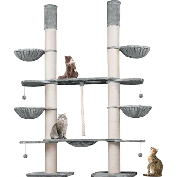 HAPPYPET XXL Kratzbaum-Landschaft, 2-in-1 Aktivitäts- und Sisal-Paradies, 280cm hoch, für große Katzenrassen, Premium Plüsch, stabiler Deckenspanner